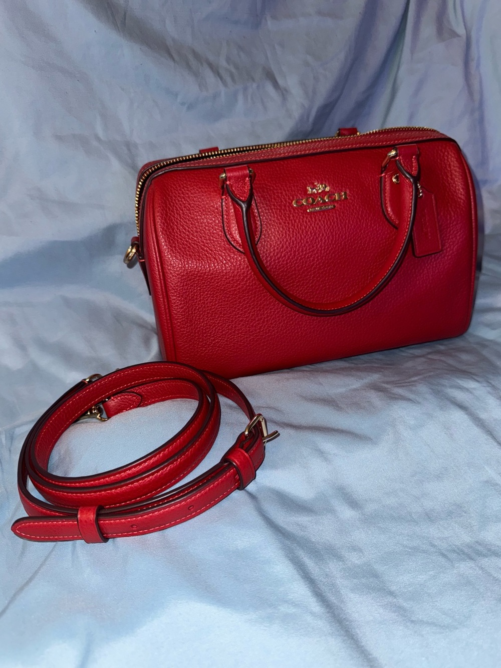 Coach Red pebbled leather with gold hardware Rowan satchel bag. New with tag